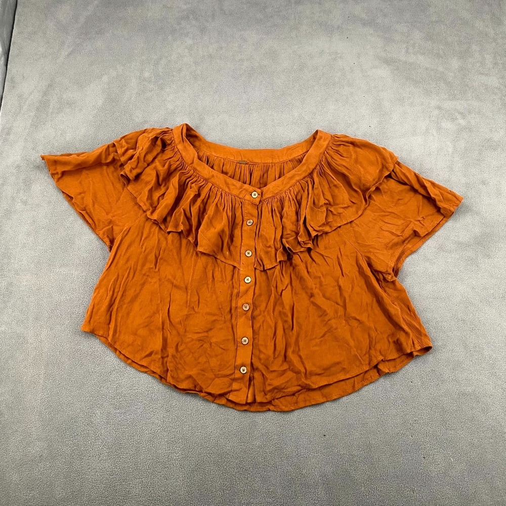 Free People Cropped Top Womens Brown Oversized Fit Button Front Round Hem Boho